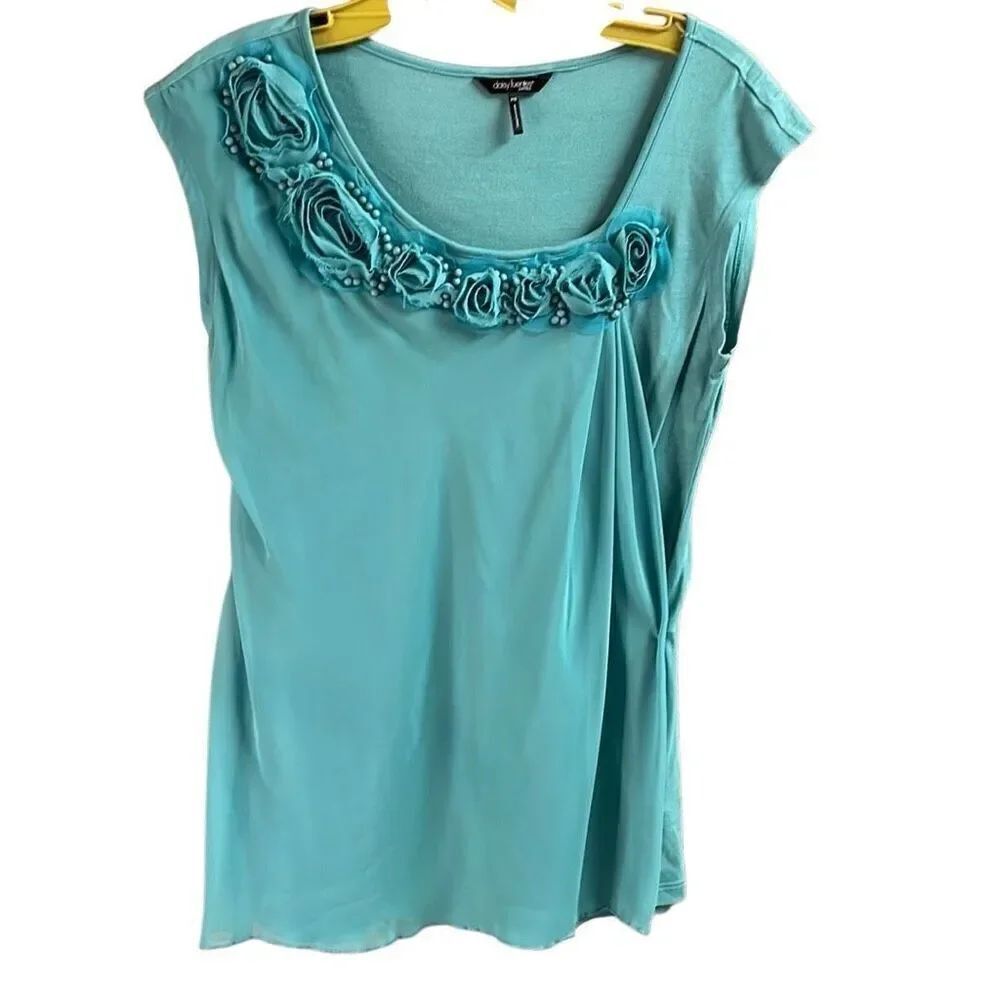 DAISY FUENTES Womens Floral Beaded Sleeveless Top Teal Size Petite Small